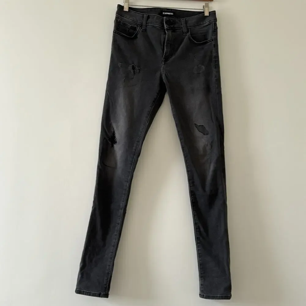 Express Men’s Super Skinny Dark Grey Ripped Hyper Stretch Jeans 28 x 32